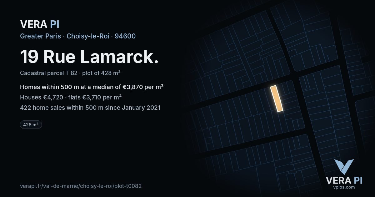 19 Rue Lamarck, Choisy-le-Roi at night – the plot lit, the parcels around coloured by the prices near them