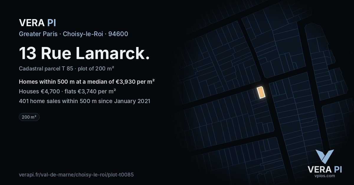 13 Rue Lamarck, Choisy-le-Roi at night – the plot lit, the parcels around coloured by the prices near them