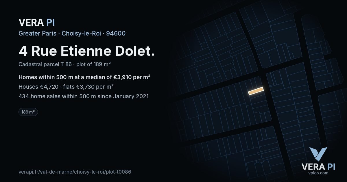 4 Rue Etienne Dolet, Choisy-le-Roi at night – the plot lit, the parcels around coloured by the prices near them