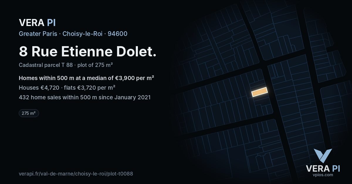 8 Rue Etienne Dolet, Choisy-le-Roi at night – the plot lit, the parcels around coloured by the prices near them