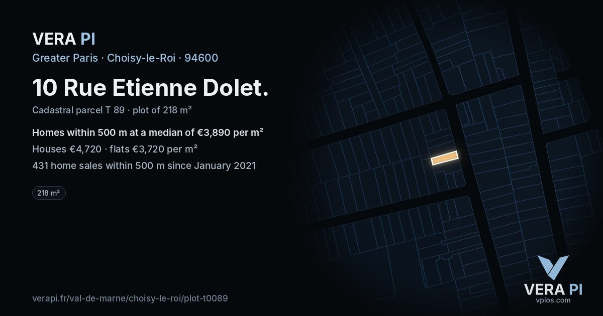 10 Rue Etienne Dolet, Choisy-le-Roi at night – the plot lit, the parcels around coloured by the prices near them