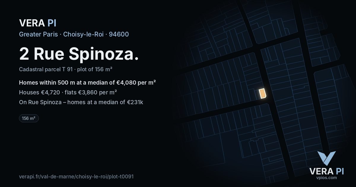 2 Rue Spinoza, Choisy-le-Roi at night – the plot lit, the parcels around coloured by the prices near them