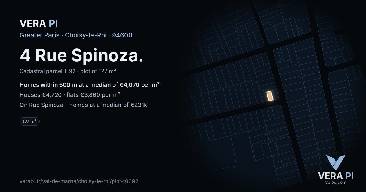 4 Rue Spinoza, Choisy-le-Roi at night – the plot lit, the parcels around coloured by the prices near them