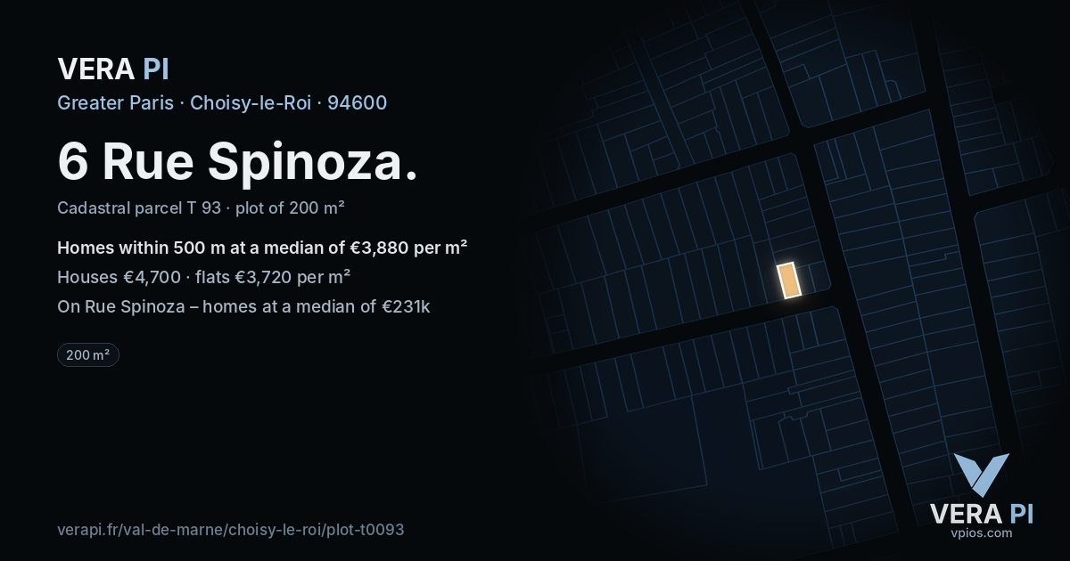 6 Rue Spinoza, Choisy-le-Roi at night – the plot lit, the parcels around coloured by the prices near them