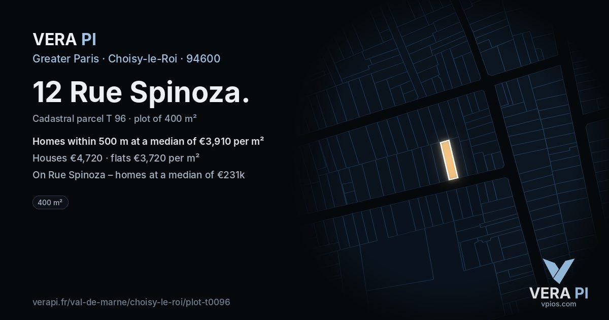 12 Rue Spinoza, Choisy-le-Roi at night – the plot lit, the parcels around coloured by the prices near them