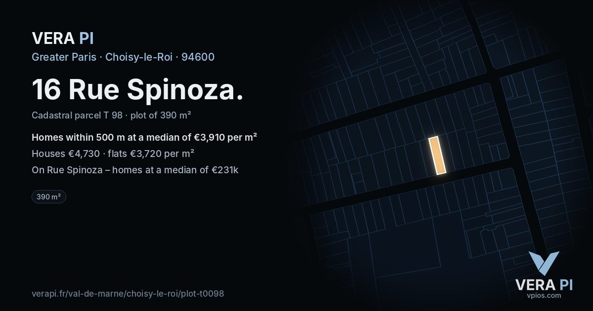 16 Rue Spinoza, Choisy-le-Roi at night – the plot lit, the parcels around coloured by the prices near them