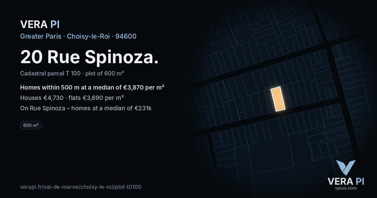20 Rue Spinoza, Choisy-le-Roi at night – the plot lit, the parcels around coloured by the prices near them