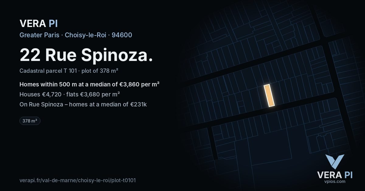 22 Rue Spinoza, Choisy-le-Roi at night – the plot lit, the parcels around coloured by the prices near them