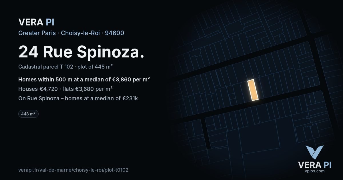 24 Rue Spinoza, Choisy-le-Roi at night – the plot lit, the parcels around coloured by the prices near them