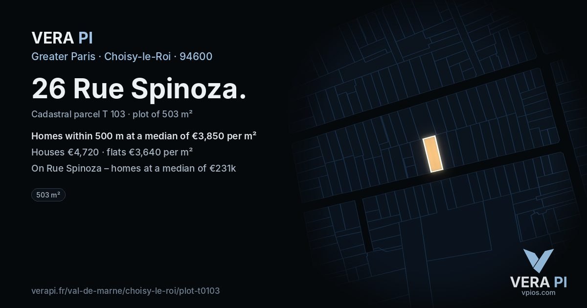 26 Rue Spinoza, Choisy-le-Roi at night – the plot lit, the parcels around coloured by the prices near them