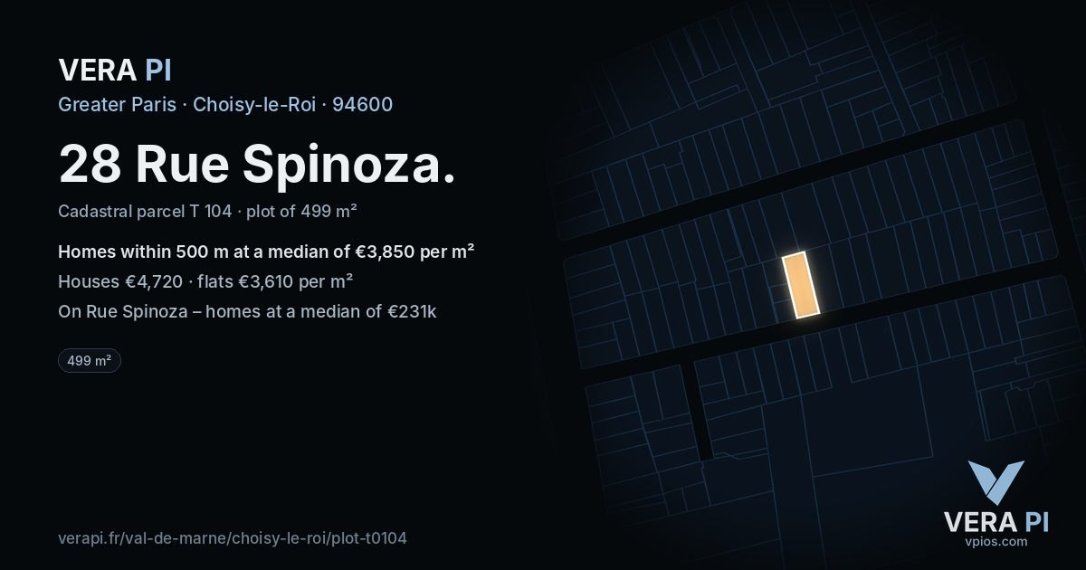 28 Rue Spinoza, Choisy-le-Roi at night – the plot lit, the parcels around coloured by the prices near them
