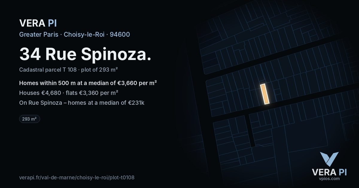 34 Rue Spinoza, Choisy-le-Roi at night – the plot lit, the parcels around coloured by the prices near them