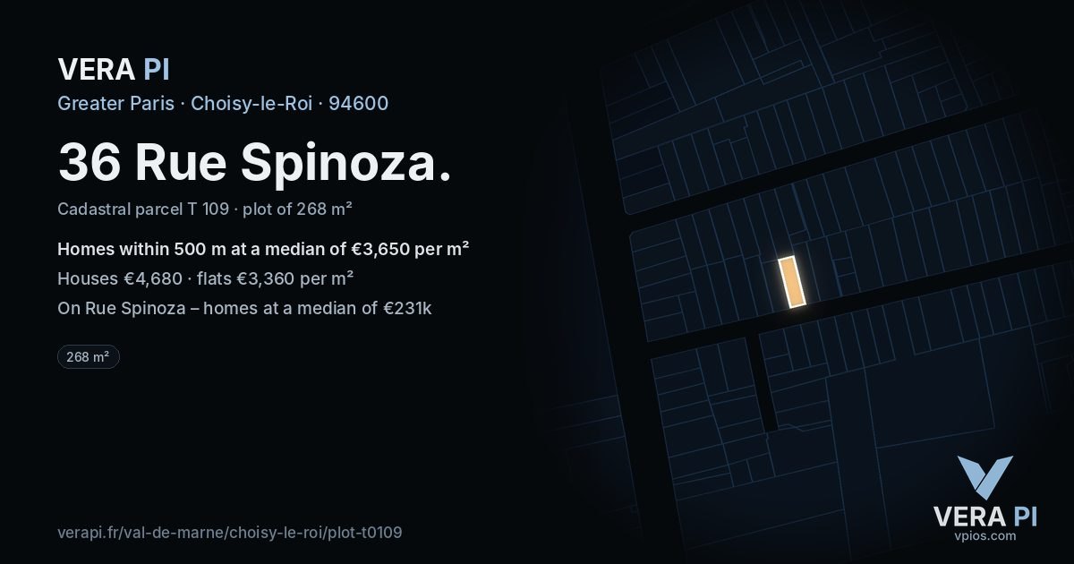 36 Rue Spinoza, Choisy-le-Roi at night – the plot lit, the parcels around coloured by the prices near them