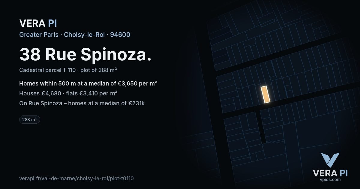 38 Rue Spinoza, Choisy-le-Roi at night – the plot lit, the parcels around coloured by the prices near them