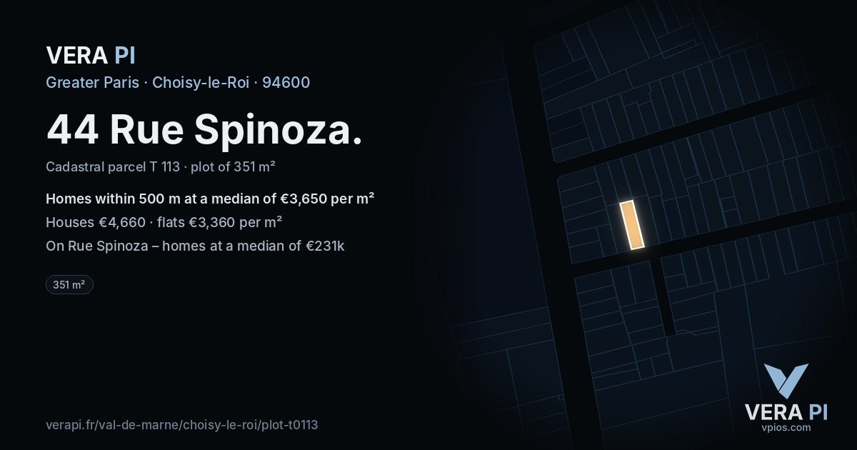 44 Rue Spinoza, Choisy-le-Roi at night – the plot lit, the parcels around coloured by the prices near them