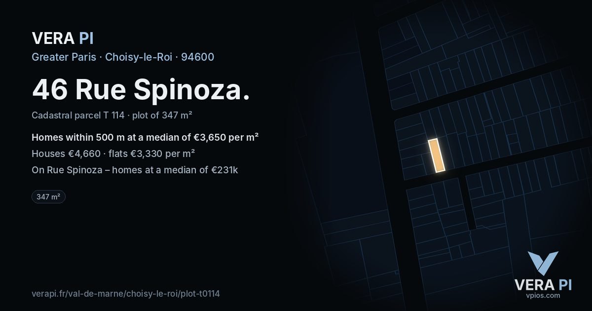 46 Rue Spinoza, Choisy-le-Roi at night – the plot lit, the parcels around coloured by the prices near them