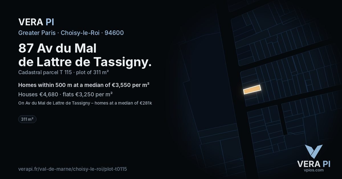 87 Av du Mal de Lattre de Tassigny, Choisy-le-Roi at night – the plot lit, the parcels around coloured by the prices near them