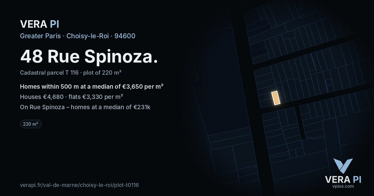 48 Rue Spinoza, Choisy-le-Roi at night – the plot lit, the parcels around coloured by the prices near them