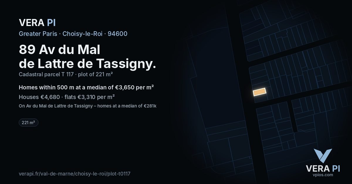 89 Av du Mal de Lattre de Tassigny, Choisy-le-Roi at night – the plot lit, the parcels around coloured by the prices near them
