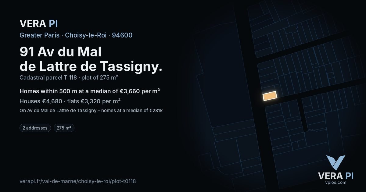 91 Av du Mal de Lattre de Tassigny, Choisy-le-Roi at night – the plot lit, the parcels around coloured by the prices near them
