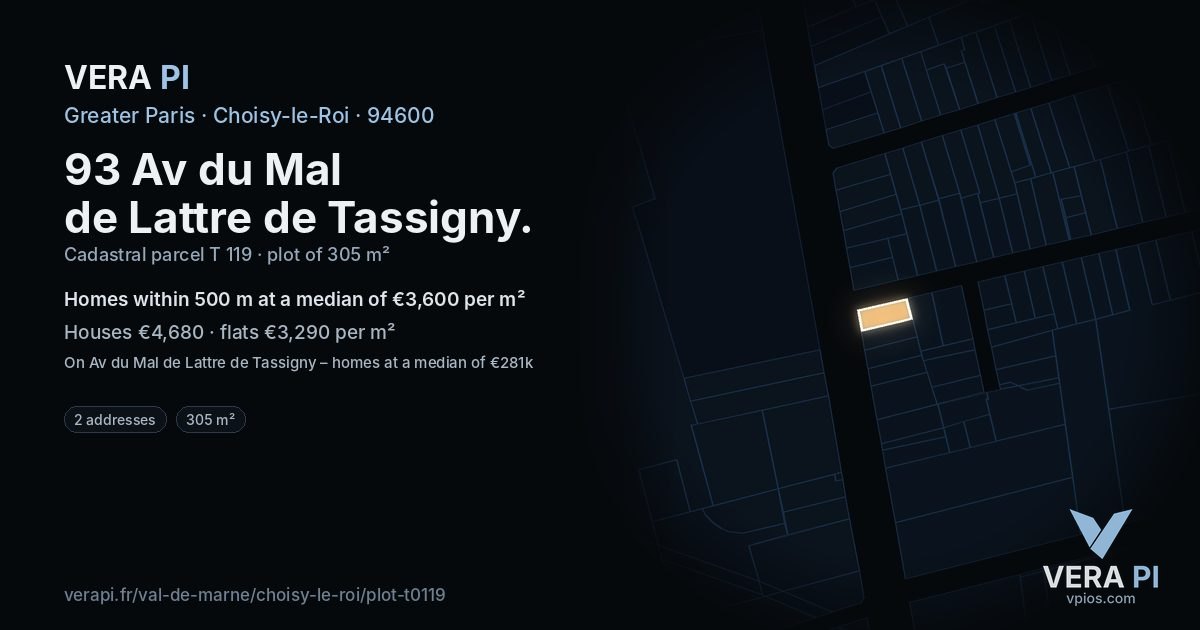 93 Av du Mal de Lattre de Tassigny, Choisy-le-Roi at night – the plot lit, the parcels around coloured by the prices near them