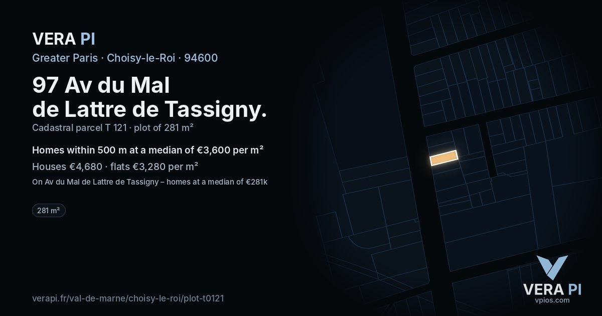 97 Av du Mal de Lattre de Tassigny, Choisy-le-Roi at night – the plot lit, the parcels around coloured by the prices near them