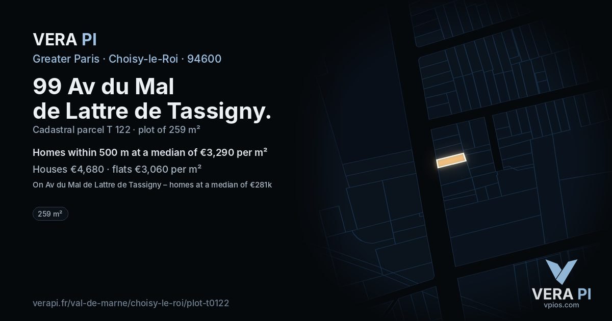 99 Av du Mal de Lattre de Tassigny, Choisy-le-Roi at night – the plot lit, the parcels around coloured by the prices near them