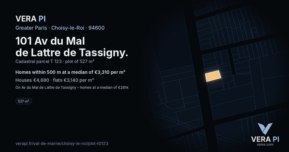 101 Av du Mal de Lattre de Tassigny, Choisy-le-Roi at night – the plot lit, the parcels around coloured by the prices near them