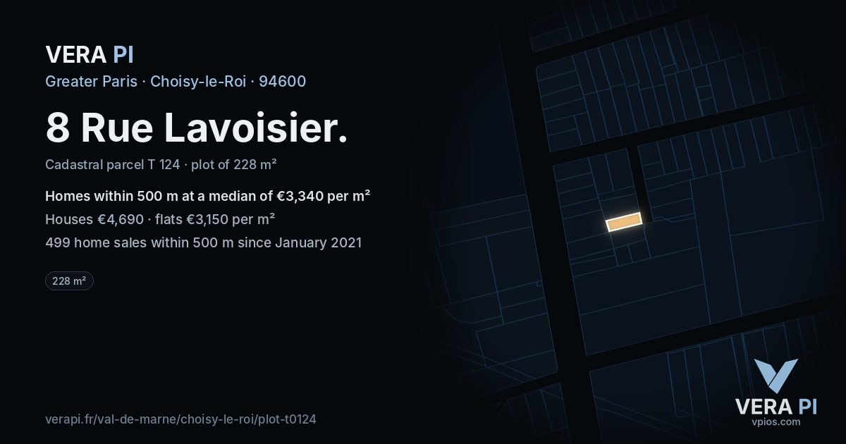 8 Rue Lavoisier, Choisy-le-Roi at night – the plot lit, the parcels around coloured by the prices near them