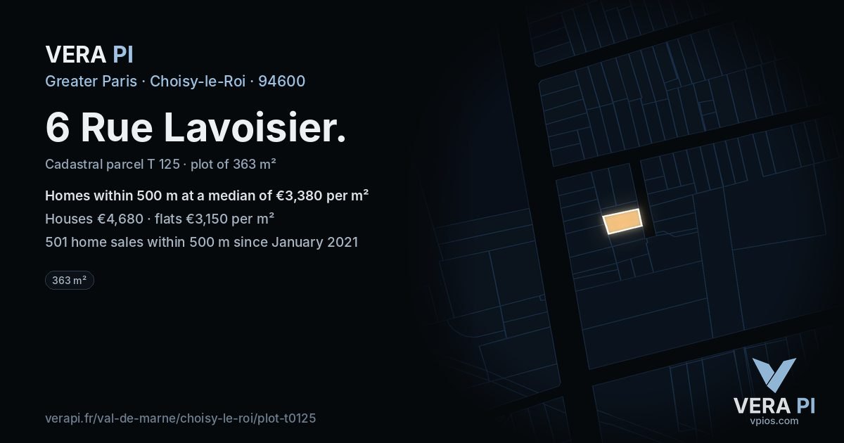 6 Rue Lavoisier, Choisy-le-Roi at night – the plot lit, the parcels around coloured by the prices near them