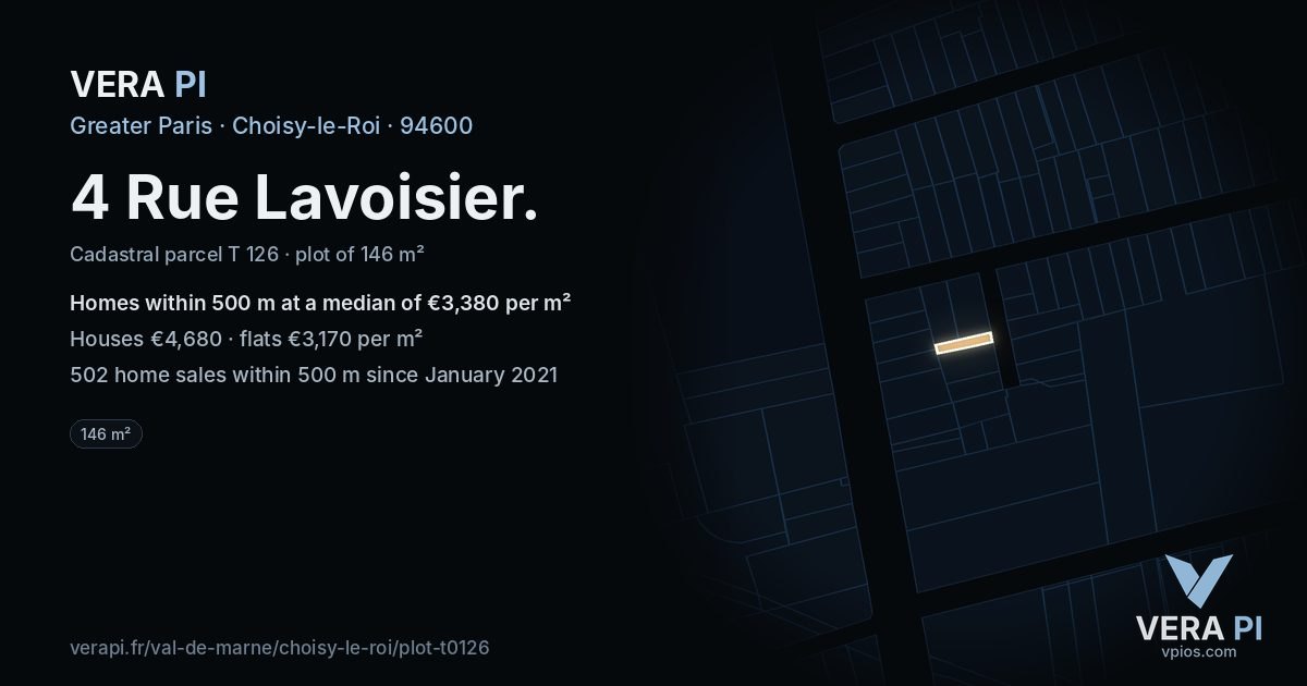 4 Rue Lavoisier, Choisy-le-Roi at night – the plot lit, the parcels around coloured by the prices near them