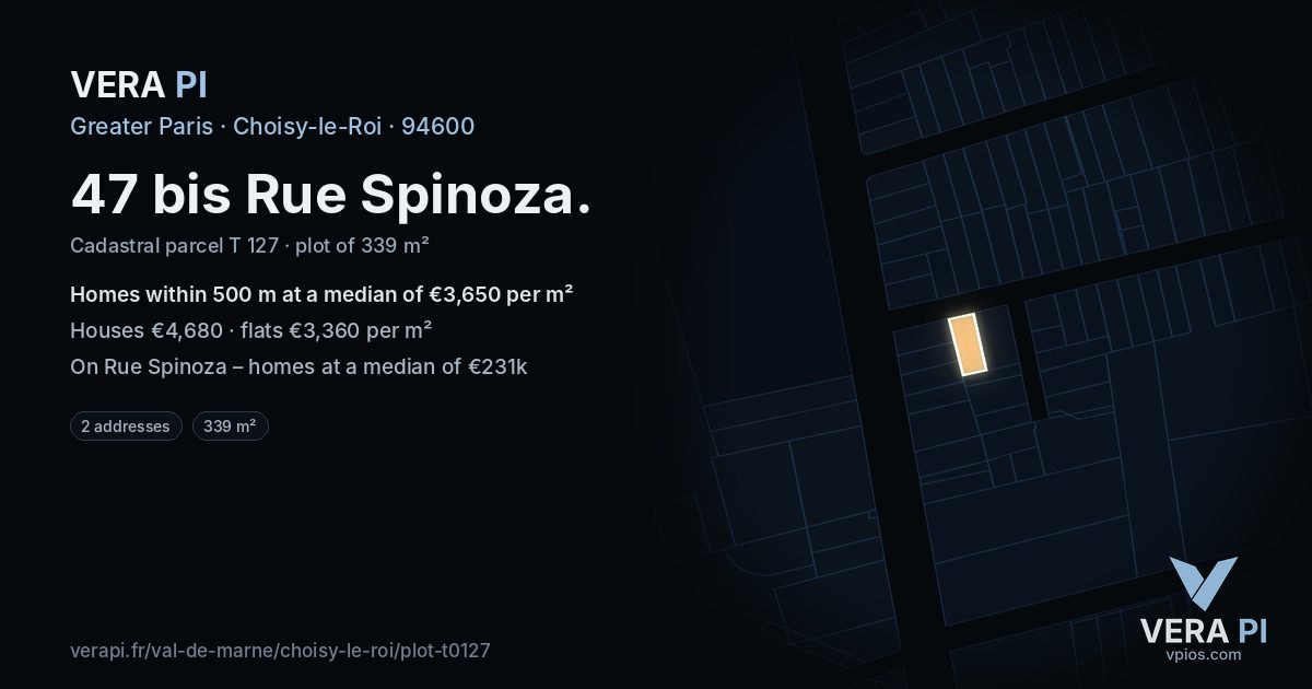 47 bis Rue Spinoza, Choisy-le-Roi at night – the plot lit, the parcels around coloured by the prices near them
