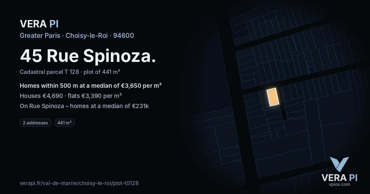 45 Rue Spinoza, Choisy-le-Roi at night – the plot lit, the parcels around coloured by the prices near them
