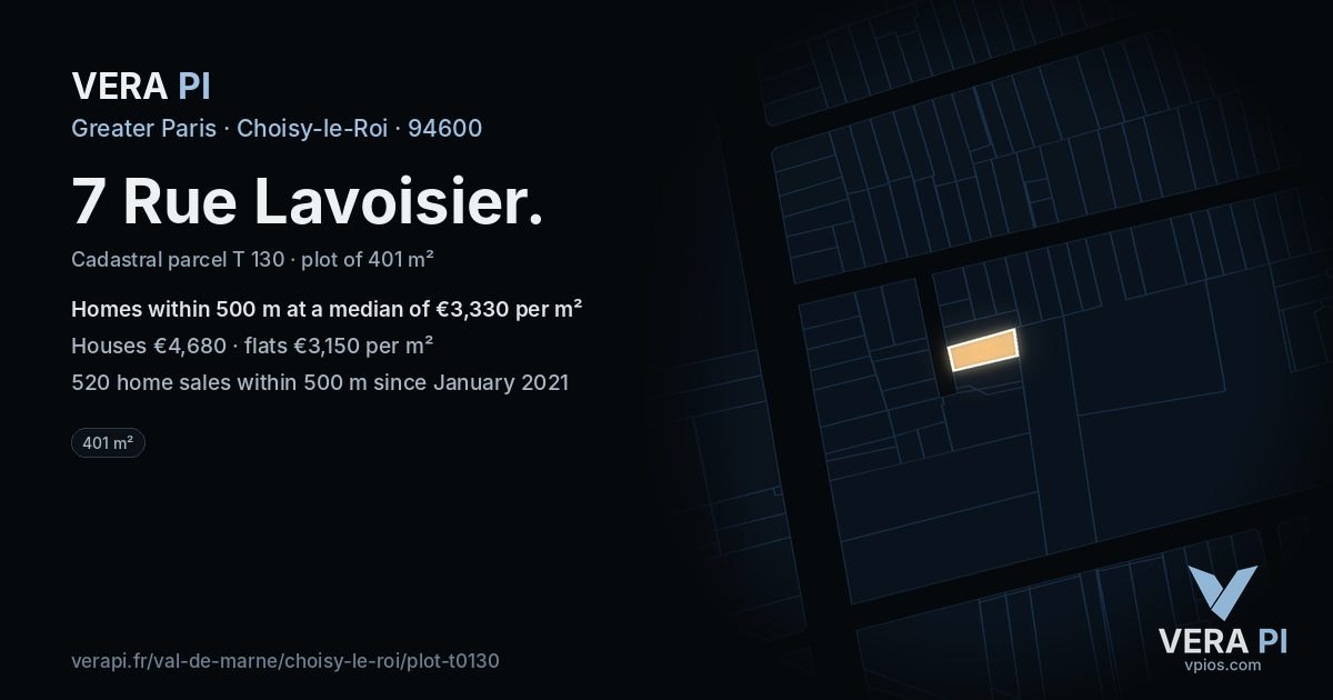 7 Rue Lavoisier, Choisy-le-Roi at night – the plot lit, the parcels around coloured by the prices near them
