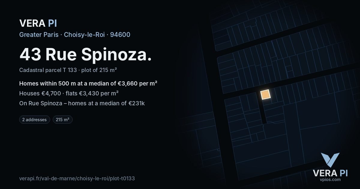 43 Rue Spinoza, Choisy-le-Roi at night – the plot lit, the parcels around coloured by the prices near them