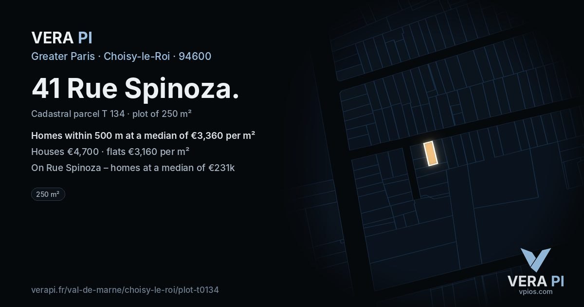 41 Rue Spinoza, Choisy-le-Roi at night – the plot lit, the parcels around coloured by the prices near them
