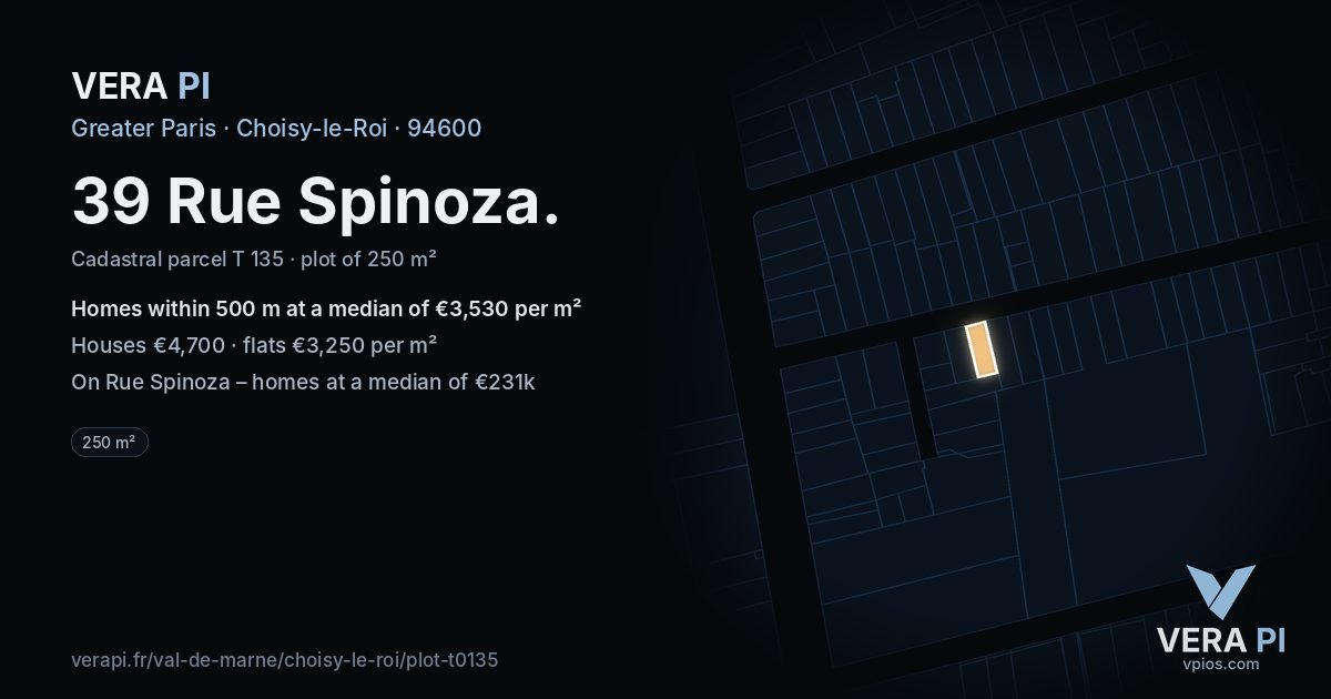 39 Rue Spinoza, Choisy-le-Roi at night – the plot lit, the parcels around coloured by the prices near them