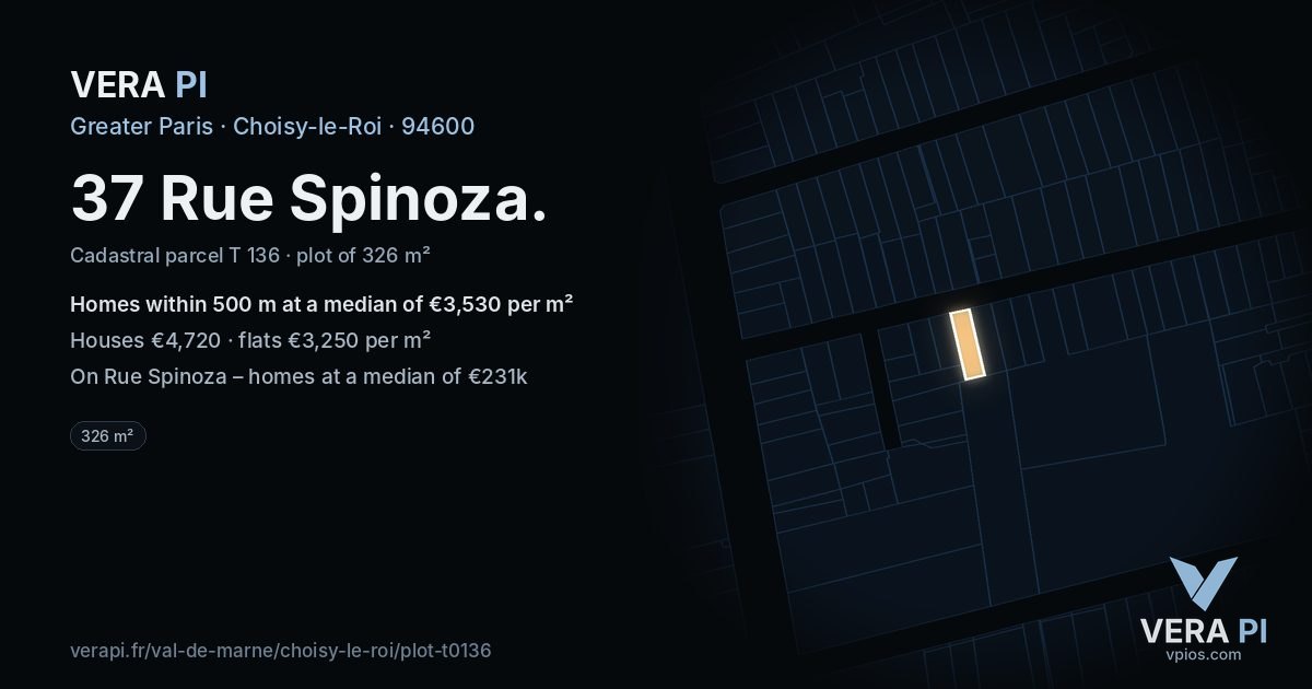 37 Rue Spinoza, Choisy-le-Roi at night – the plot lit, the parcels around coloured by the prices near them