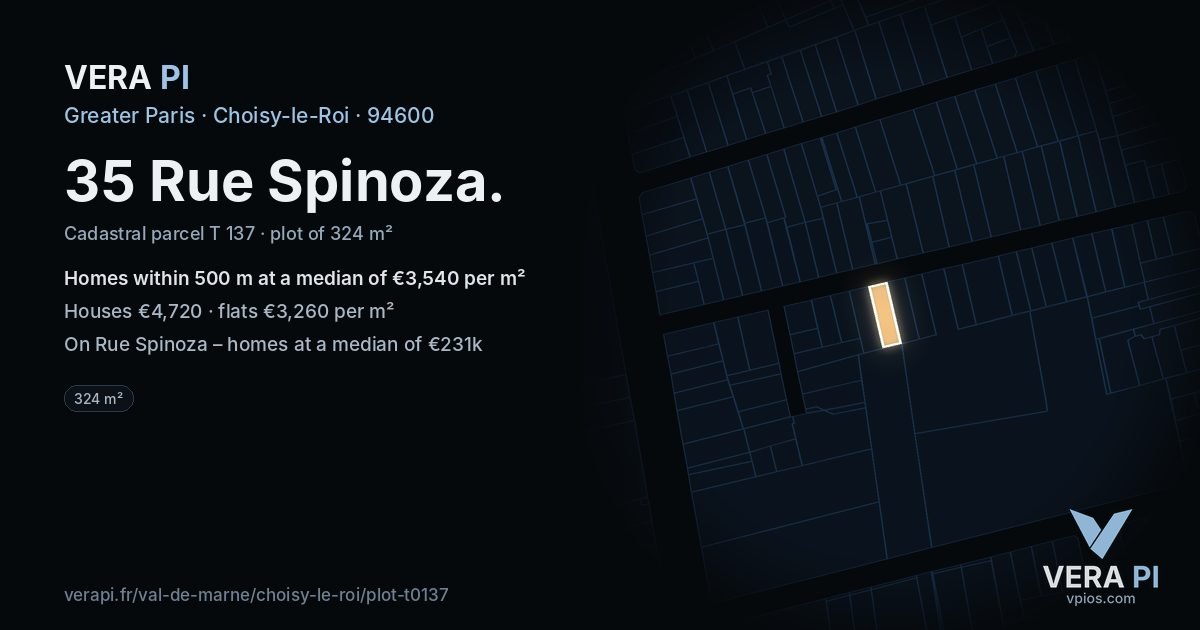 35 Rue Spinoza, Choisy-le-Roi at night – the plot lit, the parcels around coloured by the prices near them