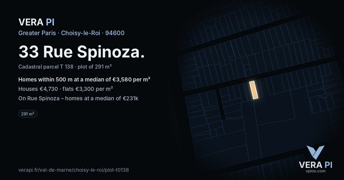 33 Rue Spinoza, Choisy-le-Roi at night – the plot lit, the parcels around coloured by the prices near them