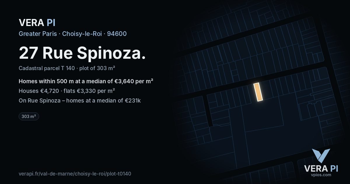 27 Rue Spinoza, Choisy-le-Roi at night – the plot lit, the parcels around coloured by the prices near them