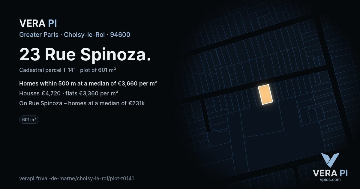 23 Rue Spinoza, Choisy-le-Roi at night – the plot lit, the parcels around coloured by the prices near them