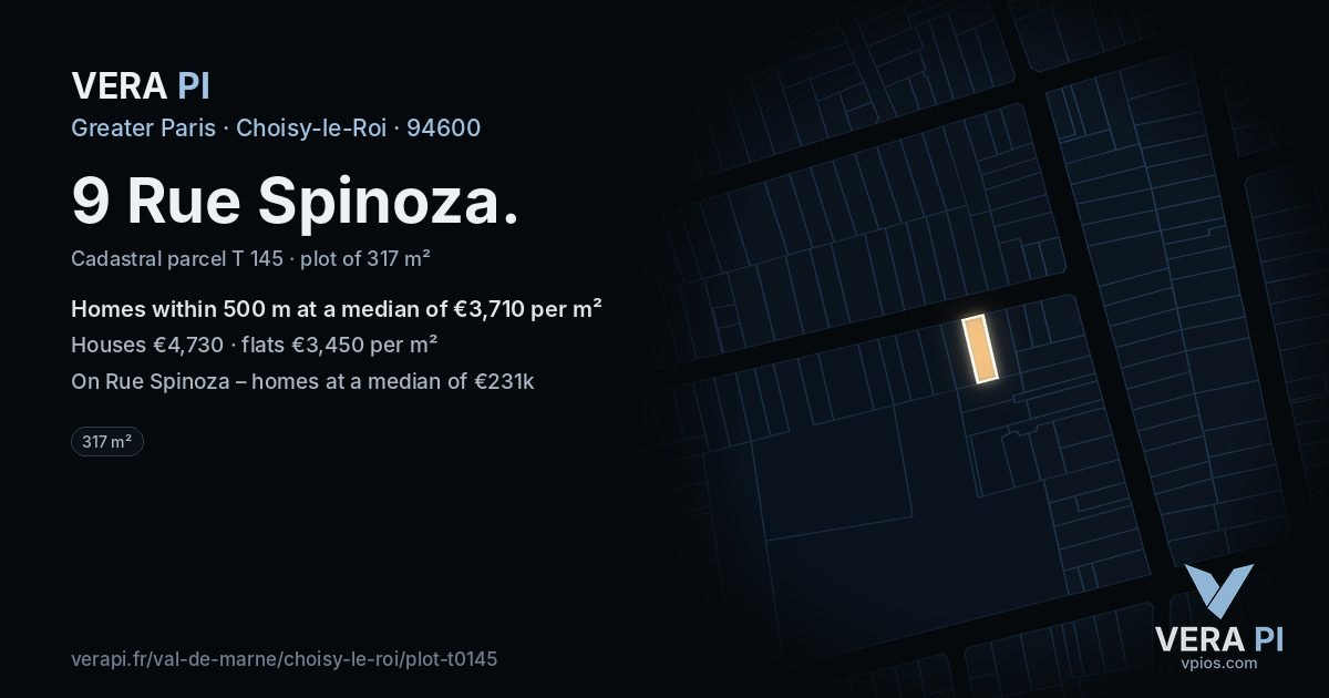 9 Rue Spinoza, Choisy-le-Roi at night – the plot lit, the parcels around coloured by the prices near them