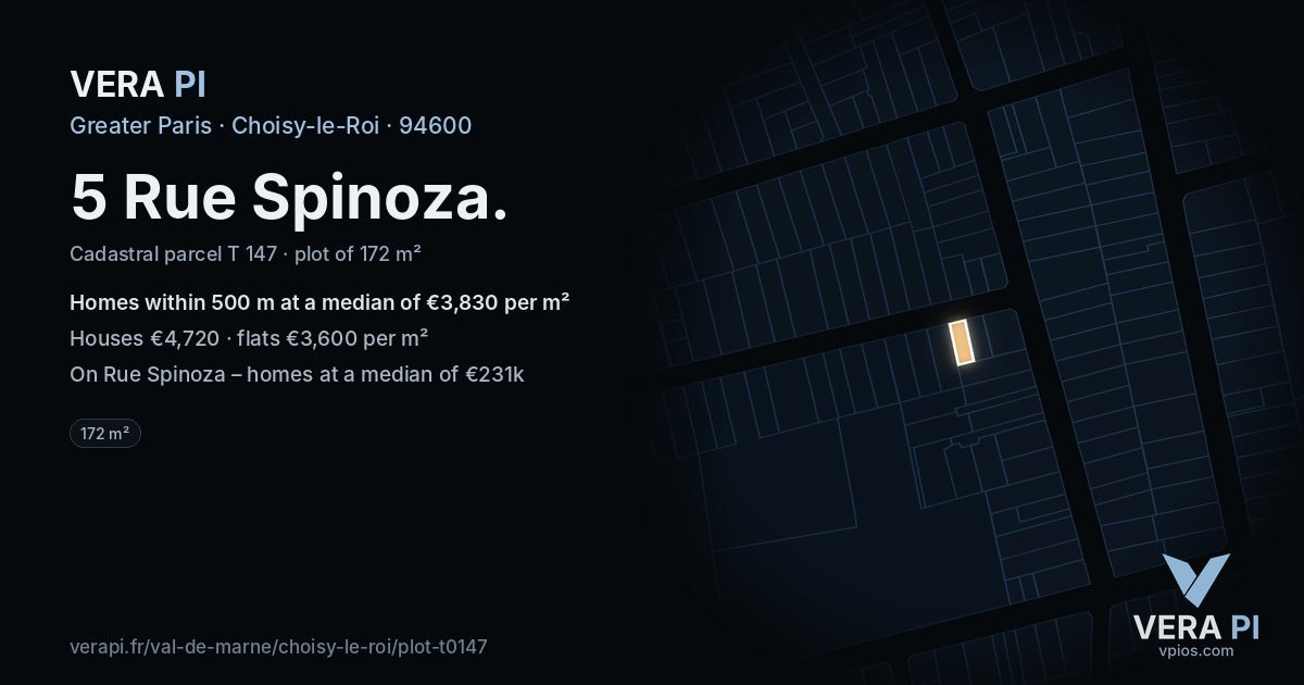 5 Rue Spinoza, Choisy-le-Roi at night – the plot lit, the parcels around coloured by the prices near them