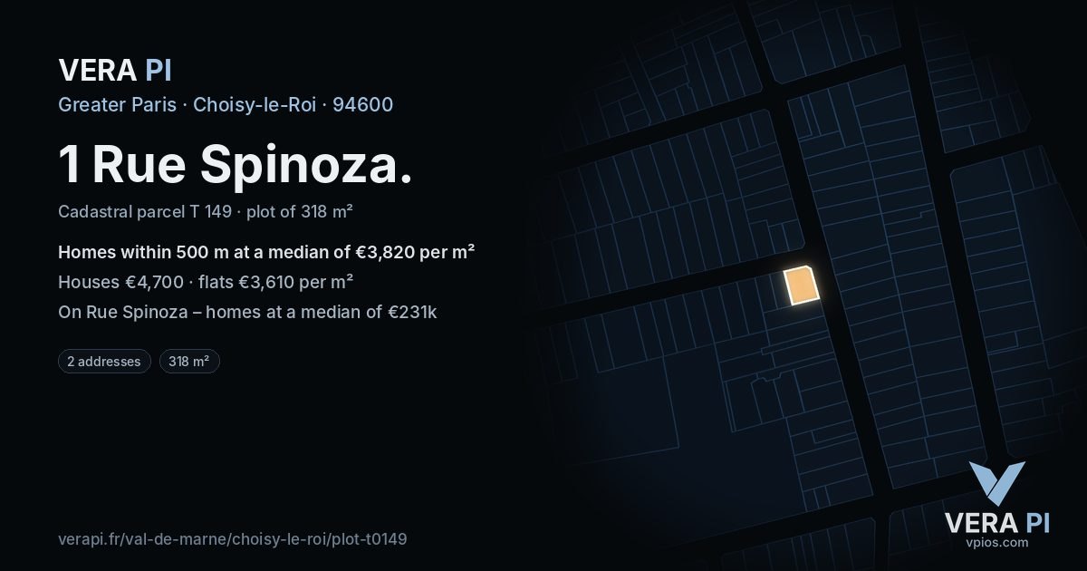 1 Rue Spinoza, Choisy-le-Roi at night – the plot lit, the parcels around coloured by the prices near them