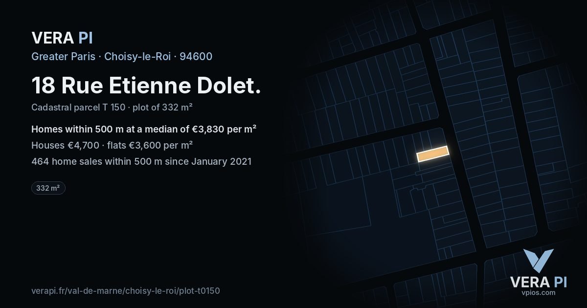 18 Rue Etienne Dolet, Choisy-le-Roi at night – the plot lit, the parcels around coloured by the prices near them