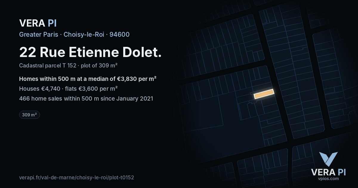 22 Rue Etienne Dolet, Choisy-le-Roi at night – the plot lit, the parcels around coloured by the prices near them