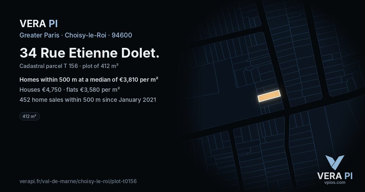 34 Rue Etienne Dolet, Choisy-le-Roi at night – the plot lit, the parcels around coloured by the prices near them