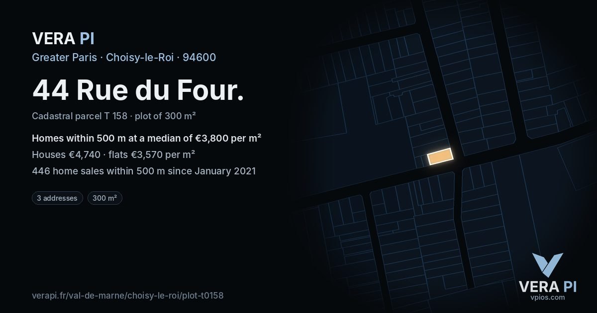 44 Rue du Four, Choisy-le-Roi at night – the plot lit, the parcels around coloured by the prices near them