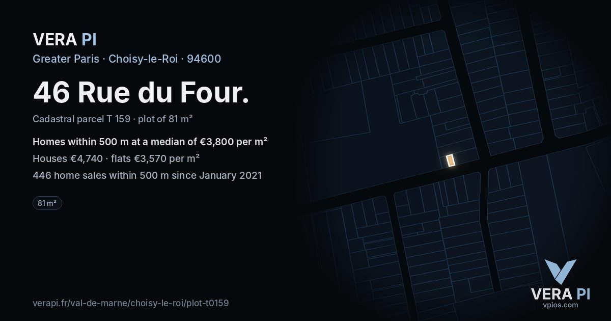 46 Rue du Four, Choisy-le-Roi at night – the plot lit, the parcels around coloured by the prices near them